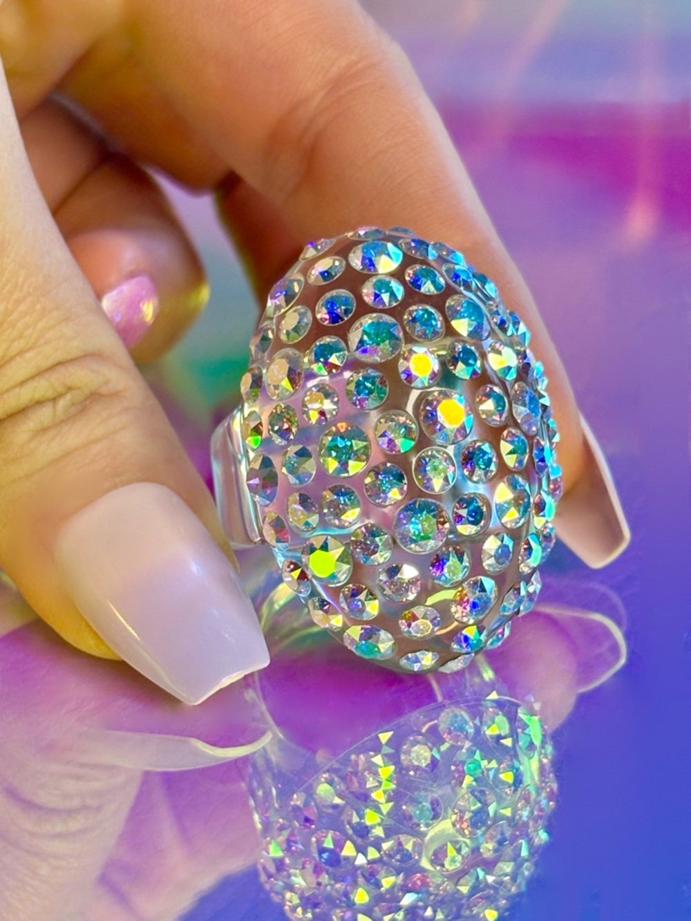Oversized Crystal Acrylic Statement Ring with Aurora Borealis Swarovski Crystals